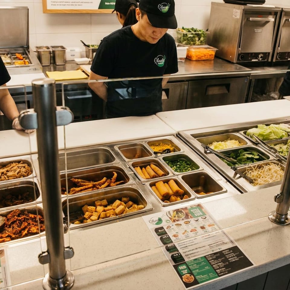 Restaurant staff prepare noodles, vegetables, and fried ingredients at a brightly lit self-serve Asian food counter.