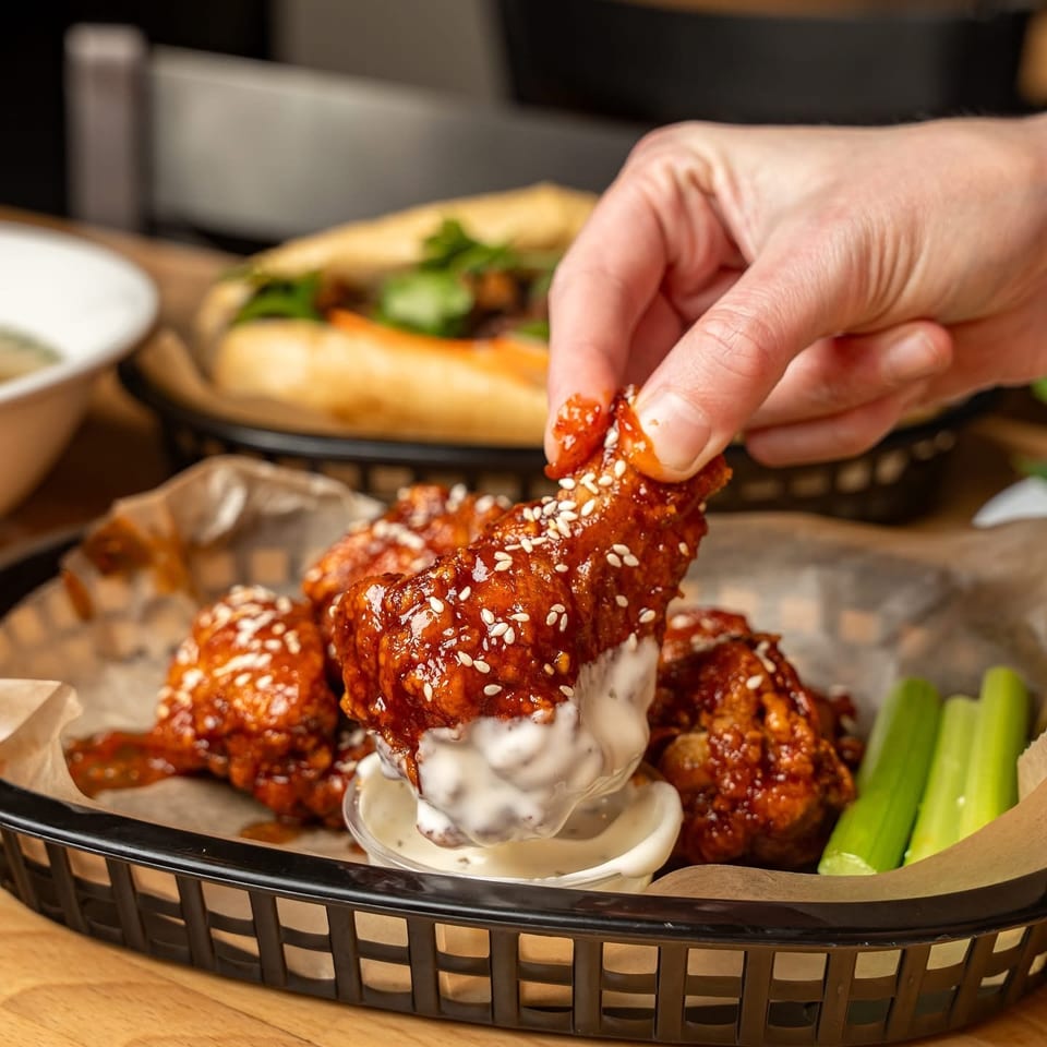 Hand dips a sesame-coated glazed chicken wing into creamy sauce beside celery sticks and fries.