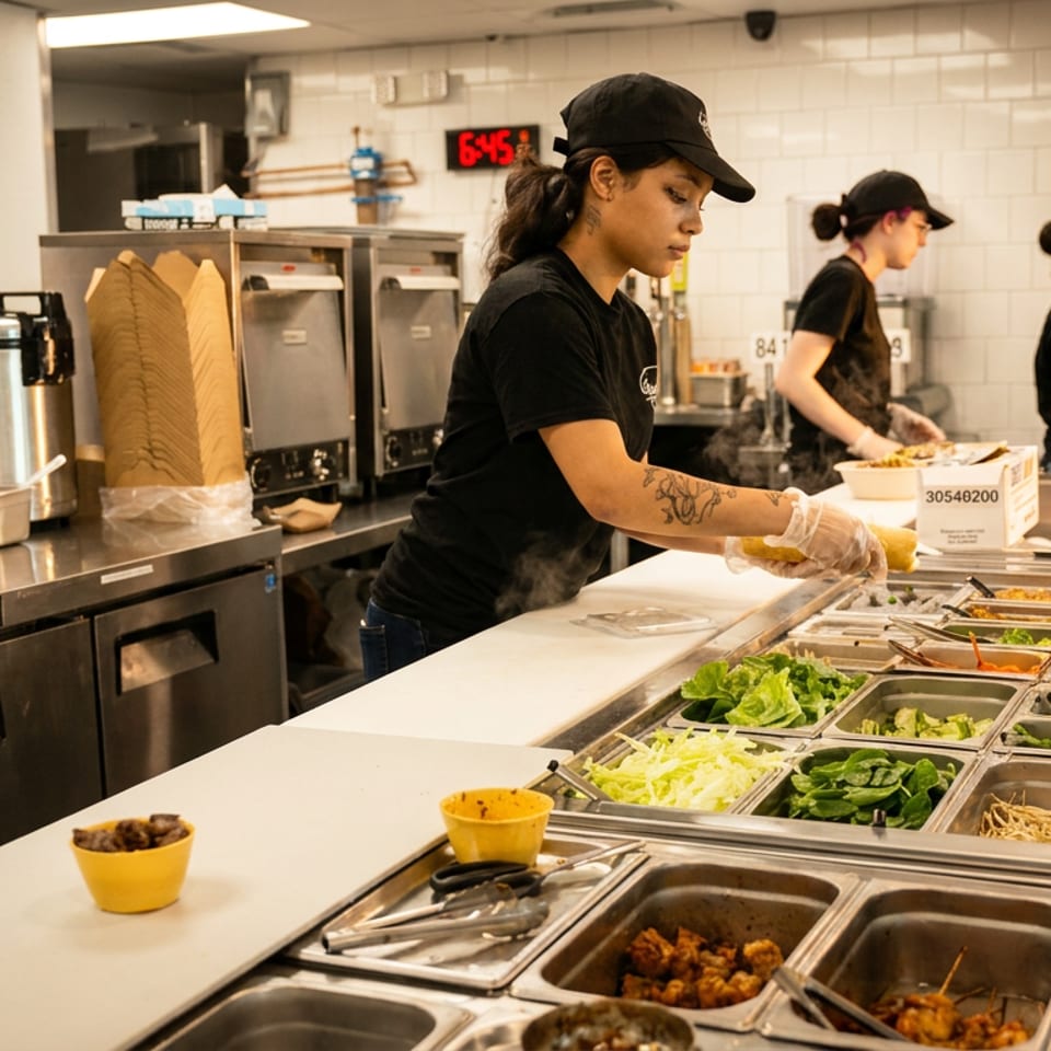 Restaurant kitchen staff prepare fresh ingredients at a counter lined with vegetables, toppings, and cooked food trays.